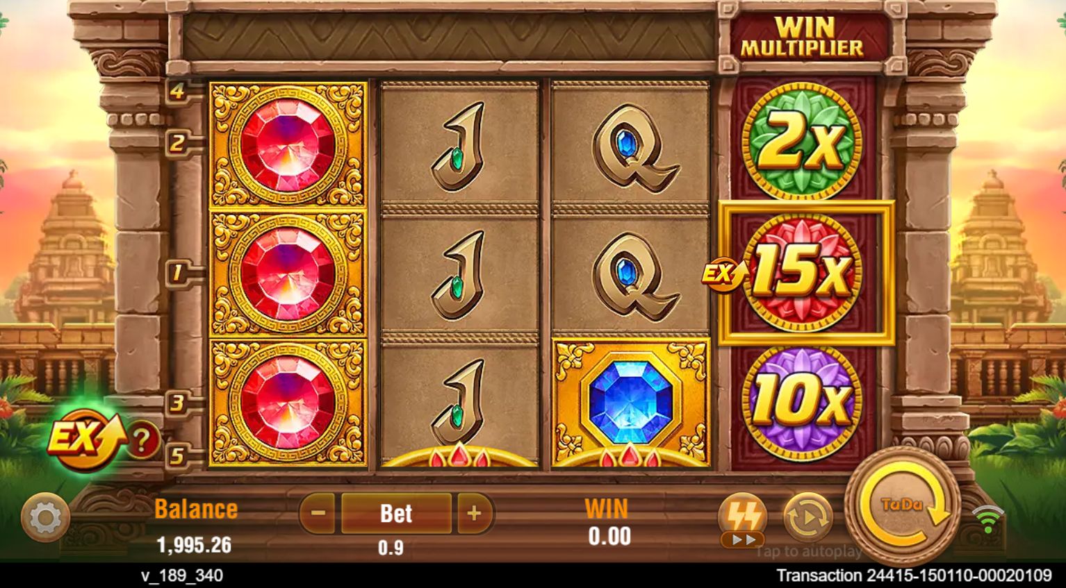 Fortune Gems supplemental spin 55 showing a 15x multiplier with no winning payline