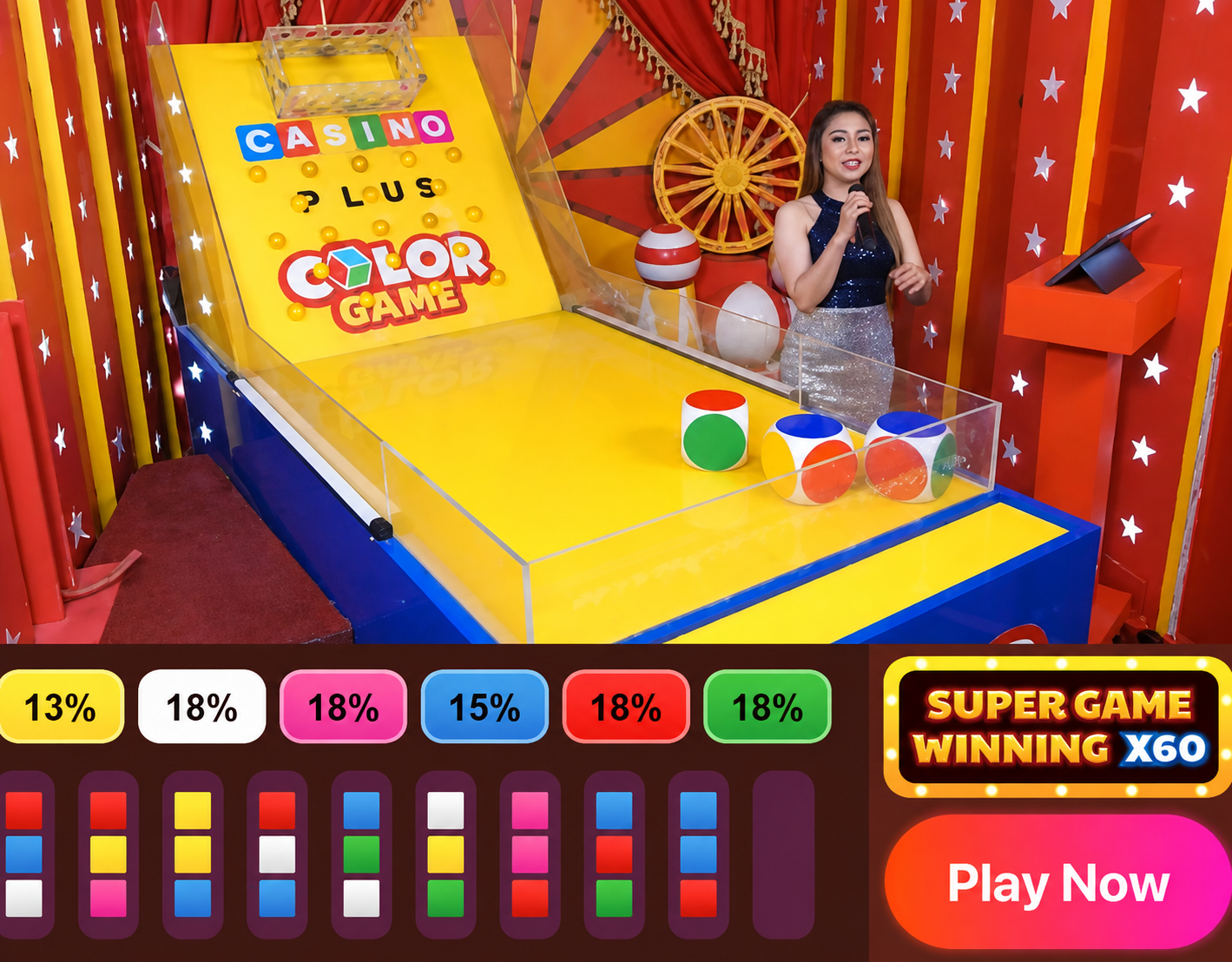 Casino Plus Live Color Game host beside three colored dice and the game interface.