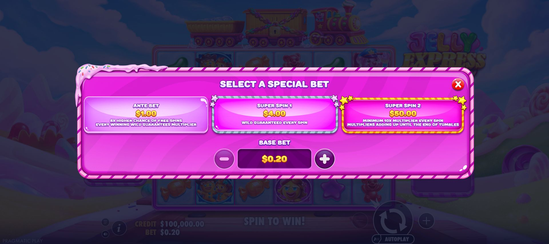 Special Bet quotes show USD 1, 4 and 50 at the recorded base setting; none was activated.