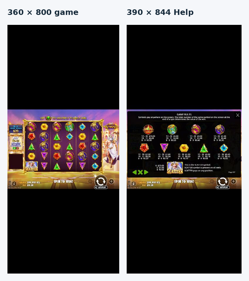 Actual 360 by 800 game and 390 by 844 Help-open portrait captures side by side
