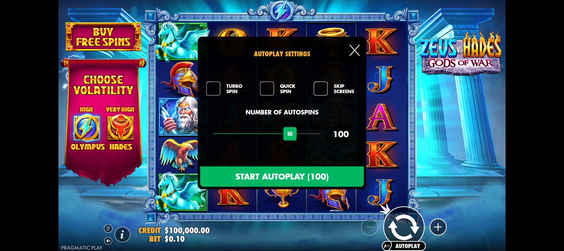 Autoplay panel with Turbo, Quick and Skip Screens unchecked and count set to 100