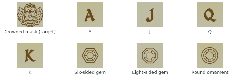 Eight actual revealed symbols: crowned mask target, A, J, Q, K, six-sided gem, eight-sided gem and round ornament