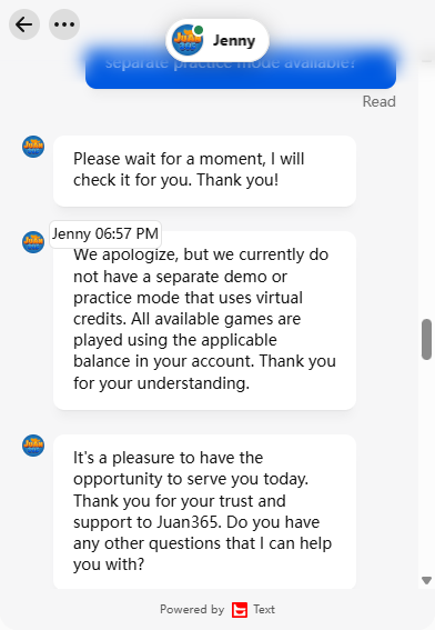 Juan365 live-chat reply stating there is no separate demo or practice mode using virtual credits.