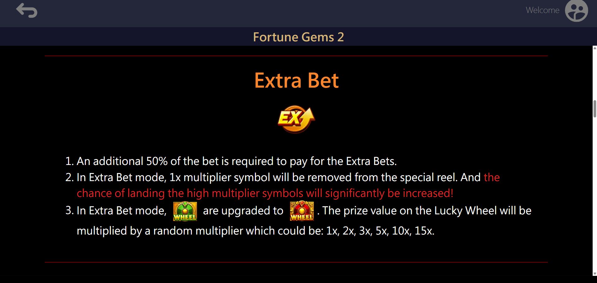 Fortune Gems 2 EX help showing the 50 percent surcharge, removal of the numerical 1x and red-wheel random multipliers