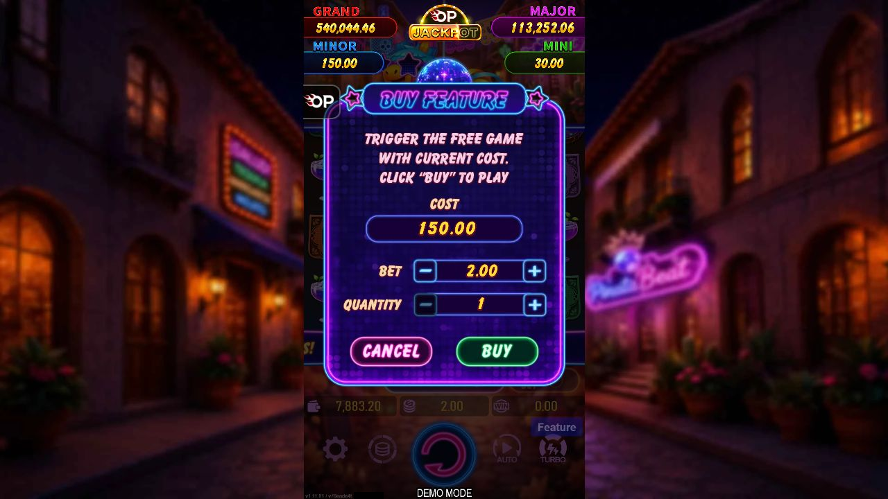 Buy Feature confirmation showing cost 150.00, base bet 2.00 and quantity one. Buy Feature confirmation showing cost 150.00, base bet 2.00 and quantity one.