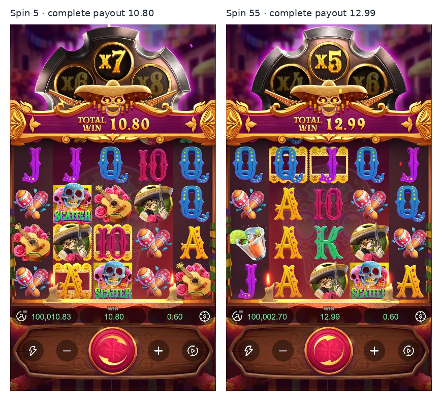 Genuine final Wild Bandito screens: spin 5 paid 10.80 with a times-seven display, and spin 55 paid 12.99 with a times-five display