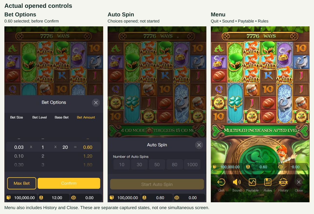 Opened Bet Options, Auto Spin choices and menu, shown as three equal-height native-aspect panels.