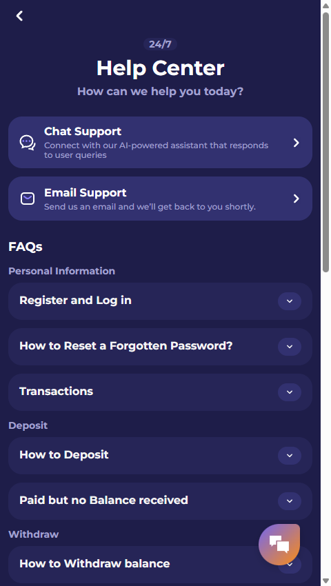 BIGBUNNY Help Center showing Chat Support, Email Support, FAQs and a 24/7 heading