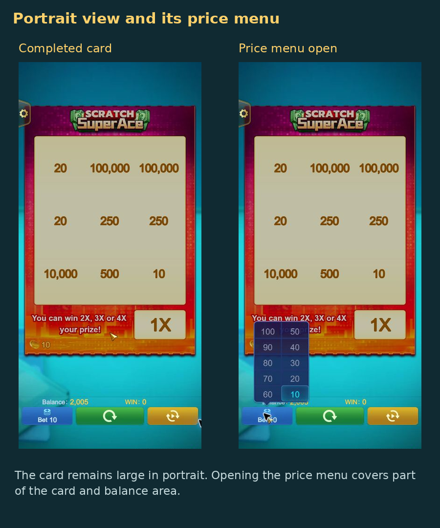 Actual 390 by 844 portrait views of a completed card and the card-price menu, side by side.