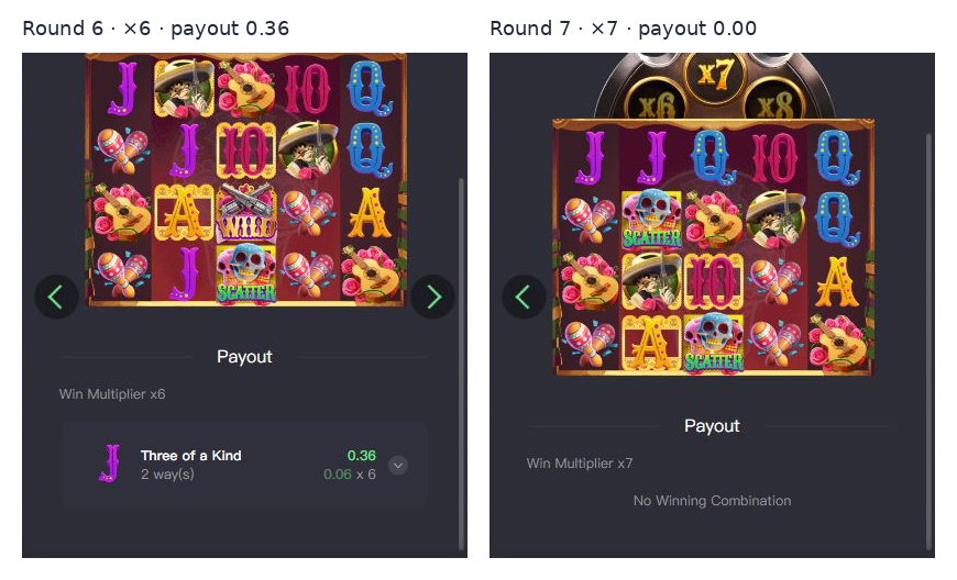 Spin 5 History comparison: multiplier times six paid 0.36, while times seven had no winning combination
