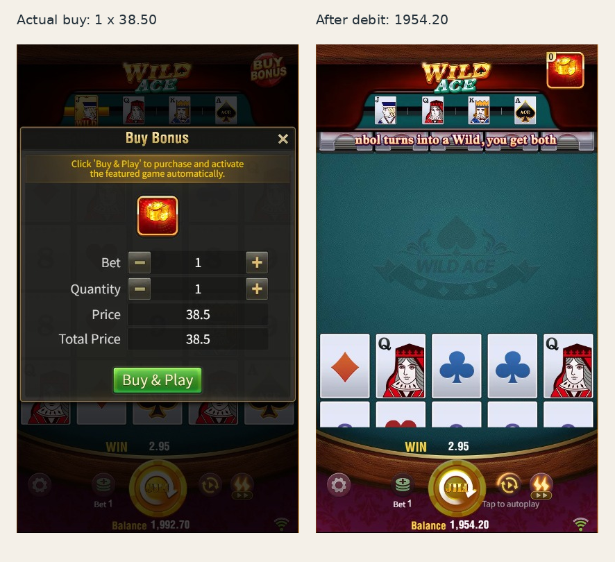 Wild Ace Buy Bonus actual selection costs 38.50 and lowers the balance from 1992.70 to 1954.20