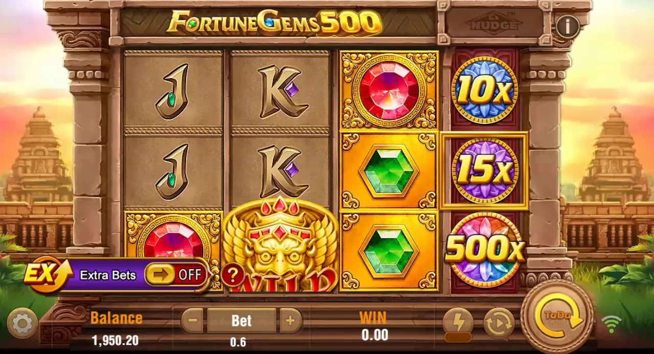 Fortune Gems 500 normal-mode video preview showing the main grid and right-hand multiplier reel