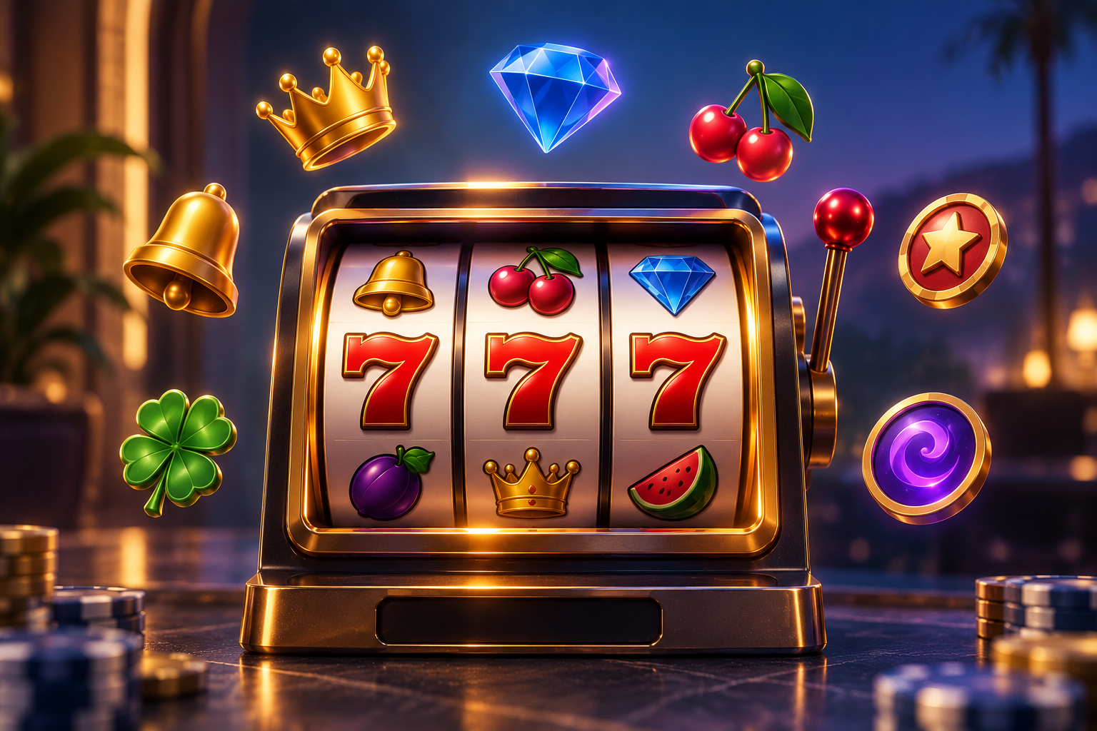 Decorative illustration of a three-reel slot machine with sevens and assorted symbols, not a real game screen.
