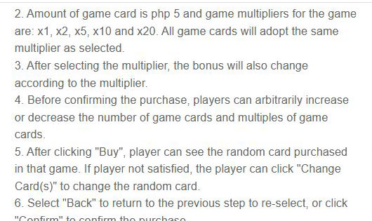 Bingo Rush Help stating PHP5 per card and selectable multipliers; not a purchase screen