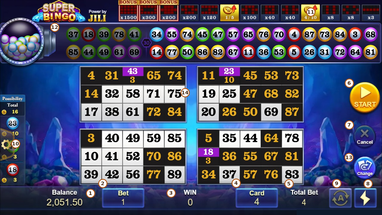 Full Super Bingo interface with 14 numbered card, balance, bet and control regions