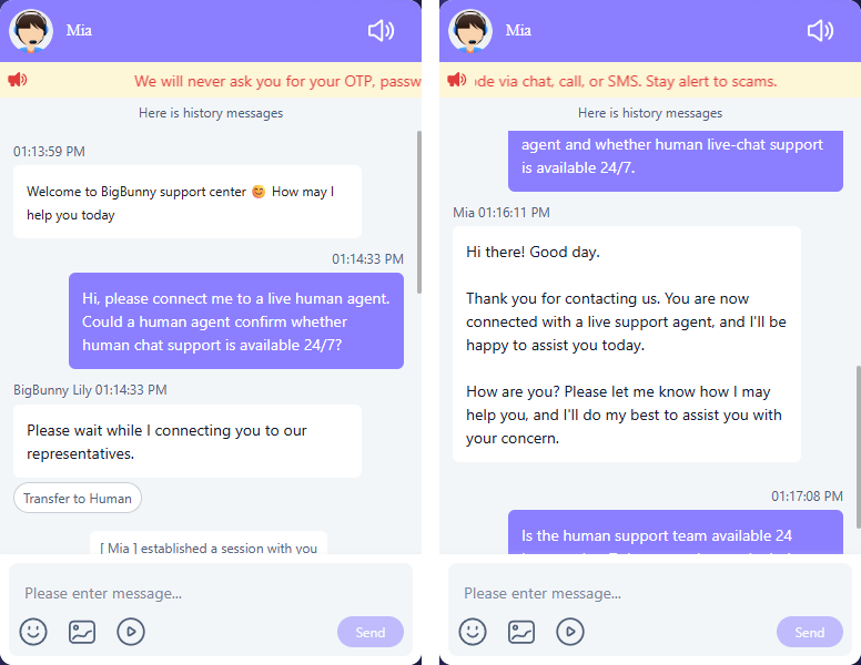 BIGBUNNY support screenshots: the human-support request on the left and Mia’s 13:16:11 greeting on the right