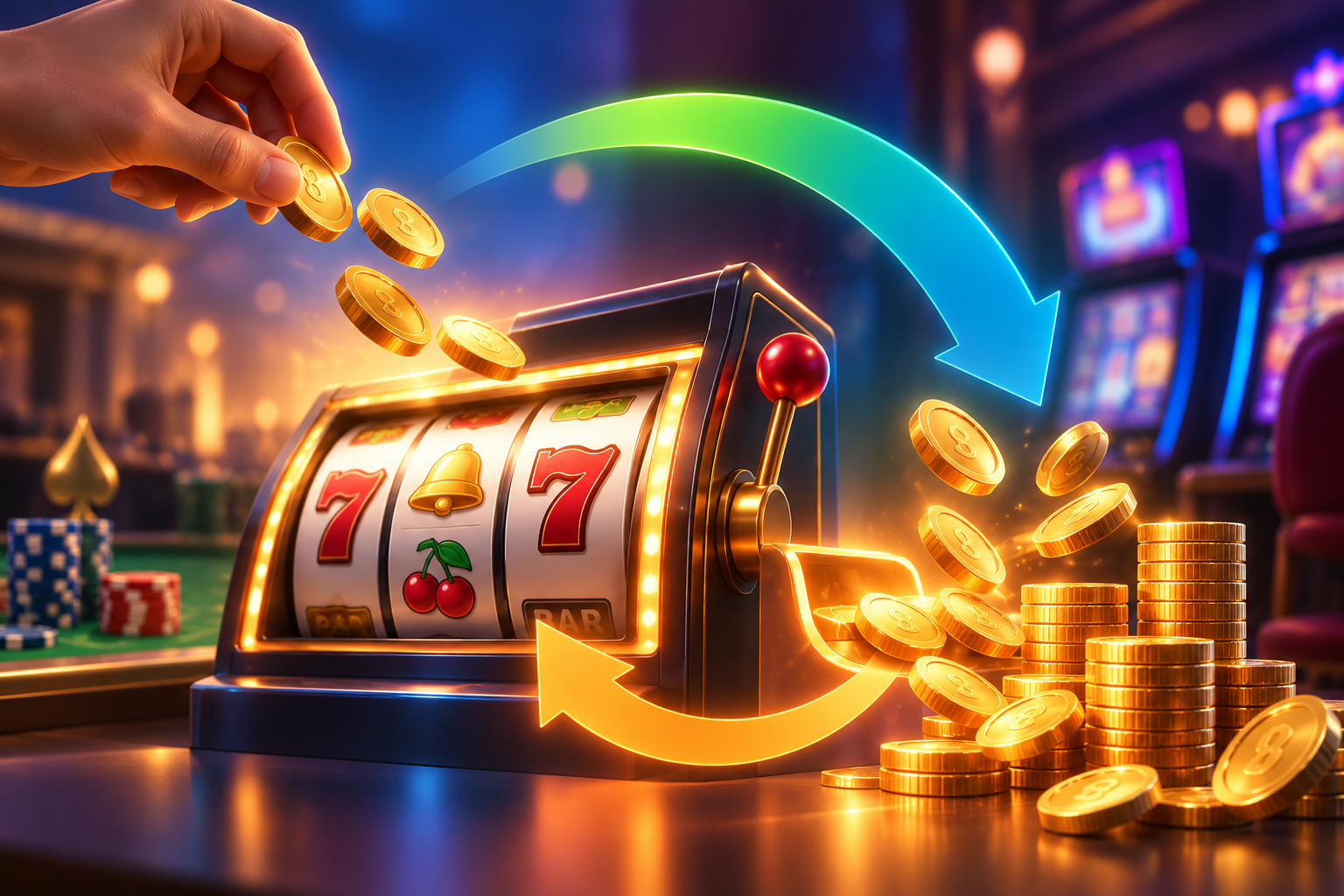 Illustrated slot machine with coins and curved arrows representing wagers and returns.