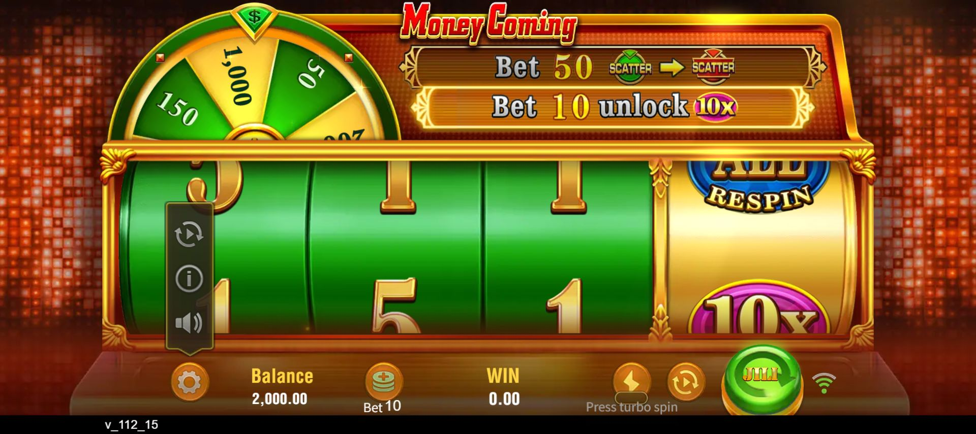 Money Coming menu opened beside the number reels with information and speaker icons