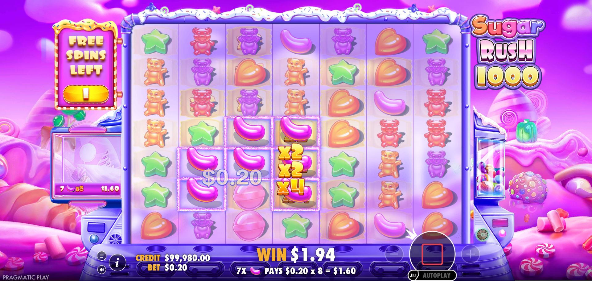 Regular purchased feature: seven symbols use 2× + 2× + 4× = 8×. The displayed cluster payout is $1.60 at a $0.20 base stake.