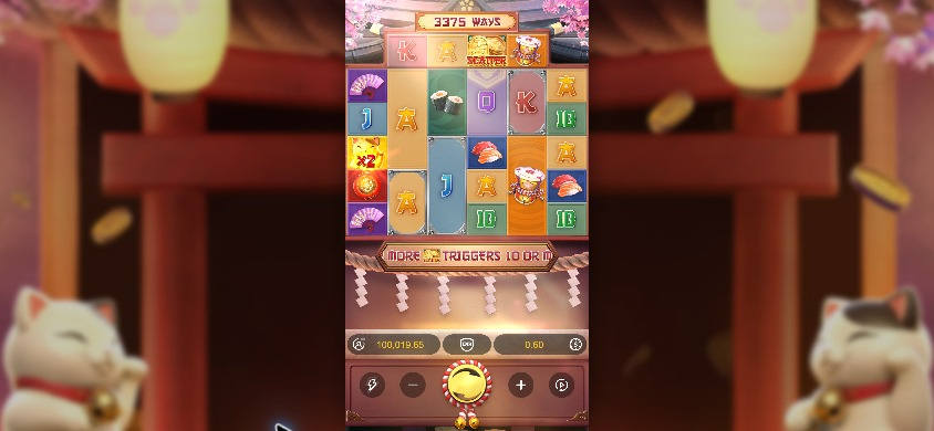 Lucky Neko tall central game area in an 844 by 390 landscape desktop viewport