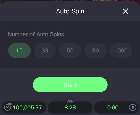 Actual Auto Spin panel showing 10 30 50 80 and 1000 spins and a Start button