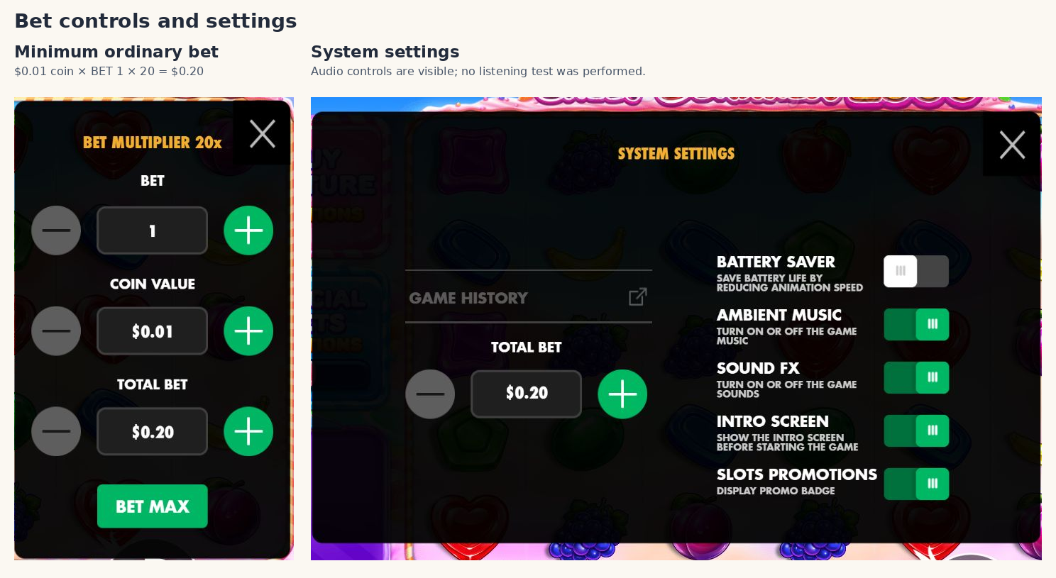 Actual Sweet Bonanza 2500 bet and settings panels