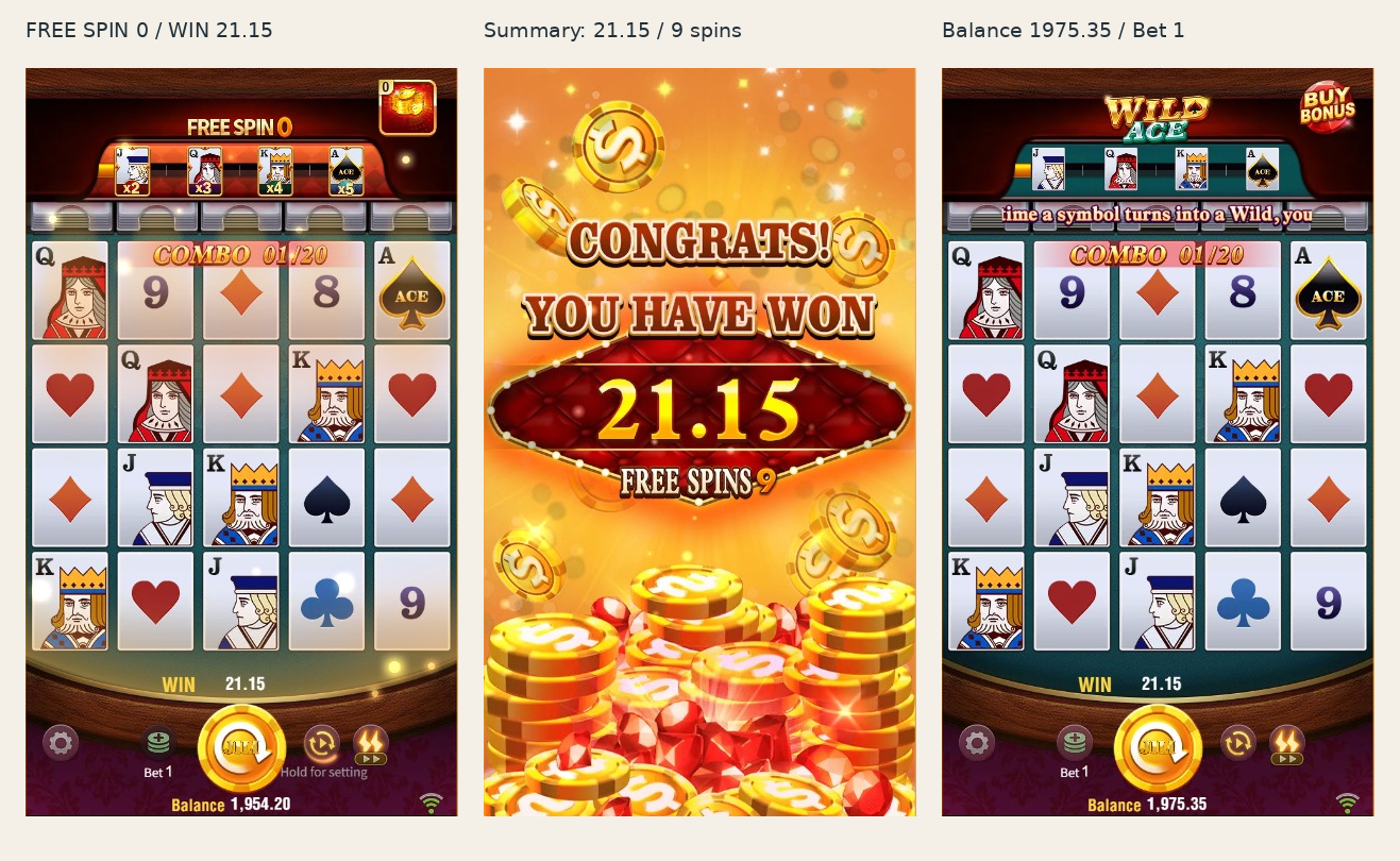 Wild Ace purchased feature reaches WIN 21.15, shows nine free spins in its summary and returns with balance 1975.35
