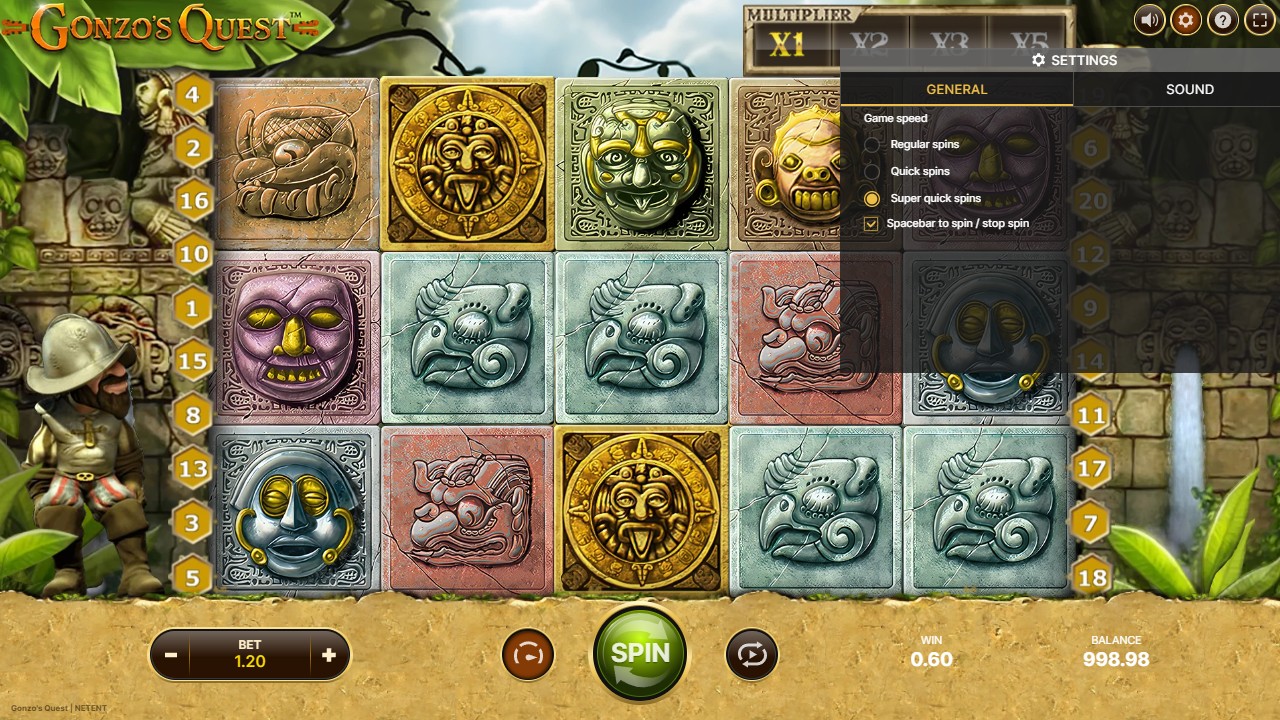 Gonzo’s Quest settings with Super quick spins selected