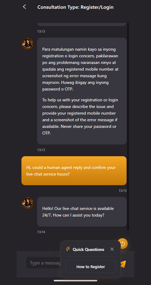 GTongitsPlus support question and first reply about 24/7 live-chat hours