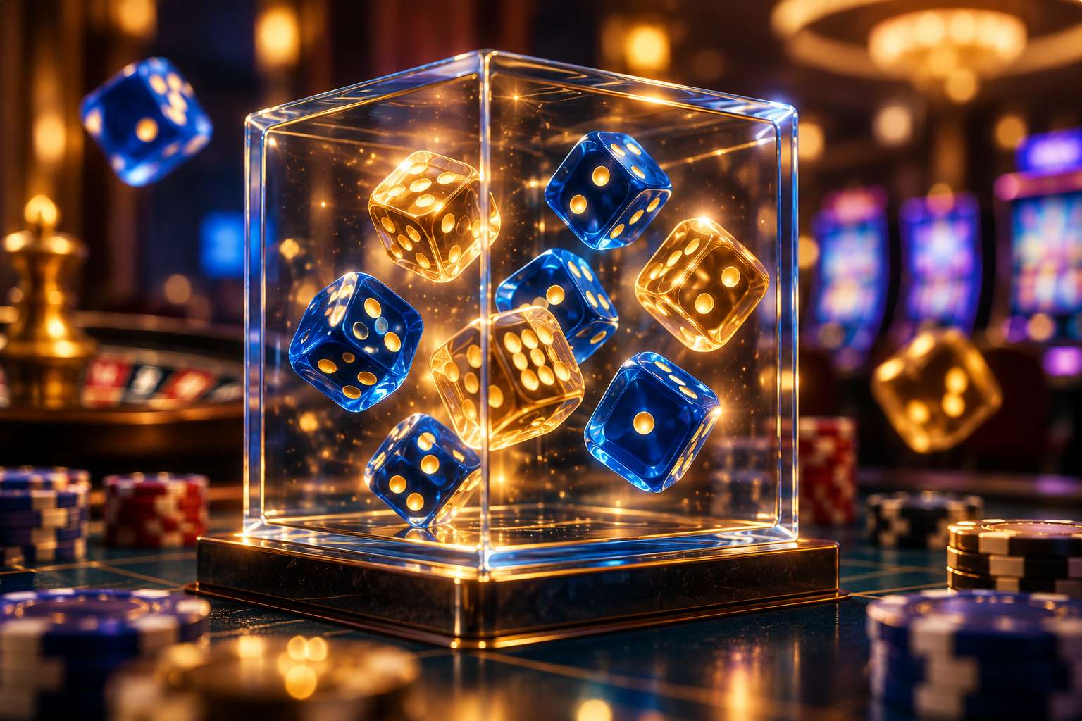 Decorative dice suspended in a transparent box to illustrate randomness.