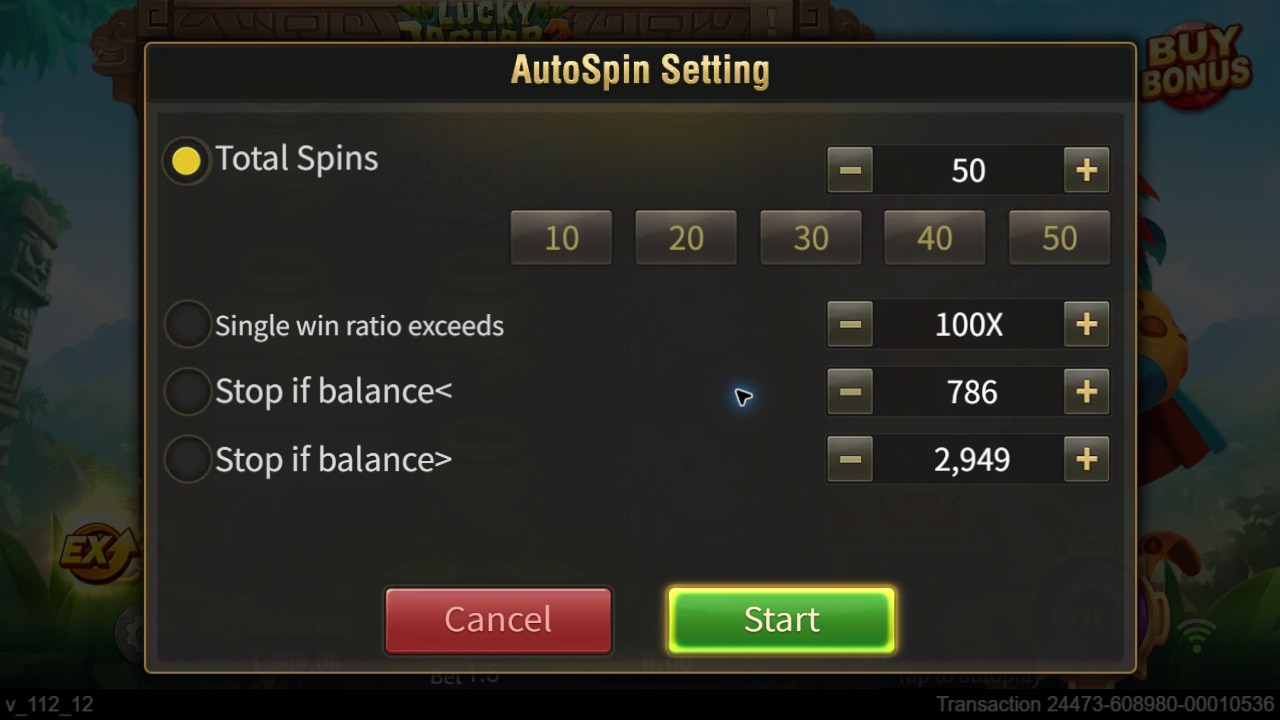 Lucky Jaguar 2 Auto settings with spin counts and stop conditions