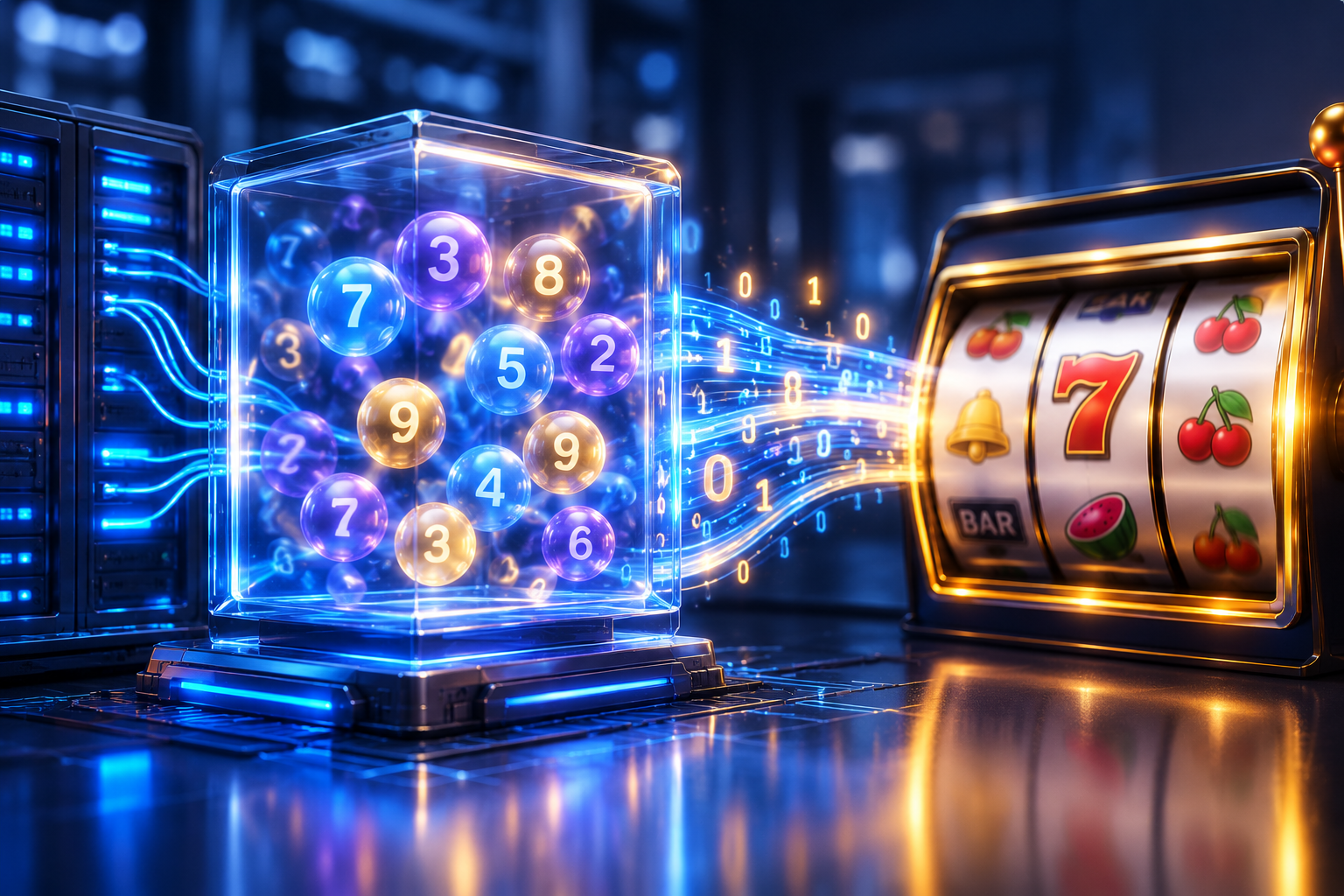 Illustrated numbered balls, data stream and slot machine representing random inputs mapped to game outcomes.