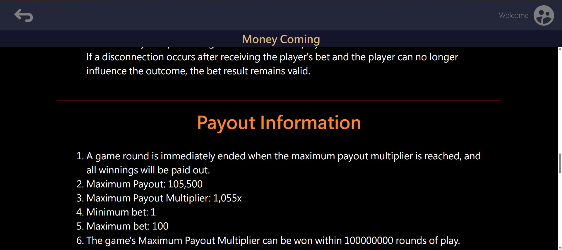 Money Coming Help listing maximum payout 105500, maximum payout multiplier 1055x and bets from 1 to 100