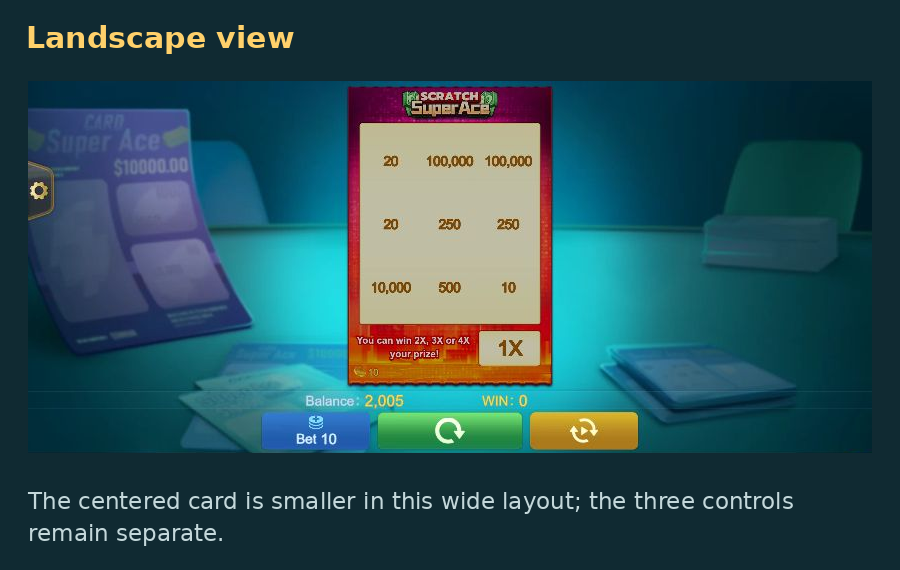 Actual 844 by 390 landscape layout with the narrow centered ticket and three separate bottom controls.