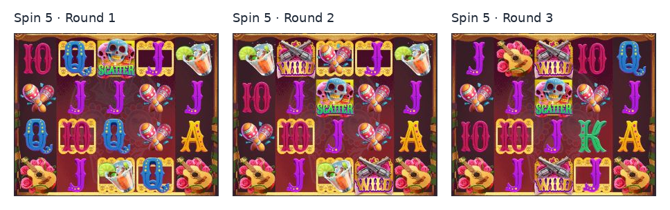 Wild Bandito spin 5 actual History rounds 1 to 3 showing winning gold-framed symbols becoming Wild in the next round