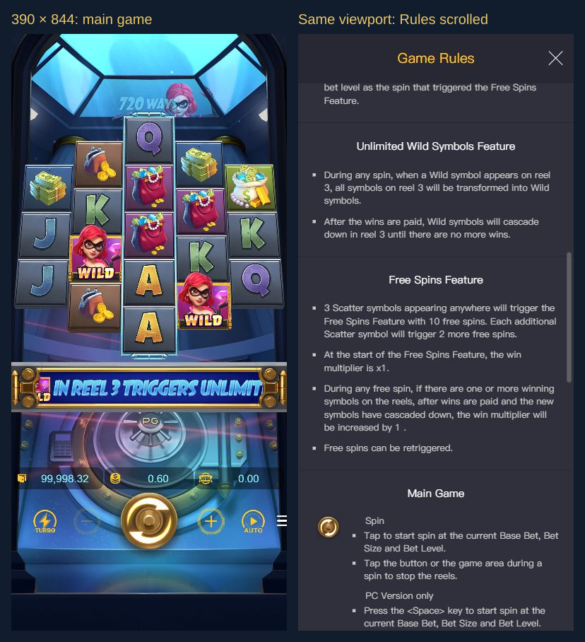 Heist Stakes in a 390 by 844 portrait viewport beside the actual scrolled Rules panel