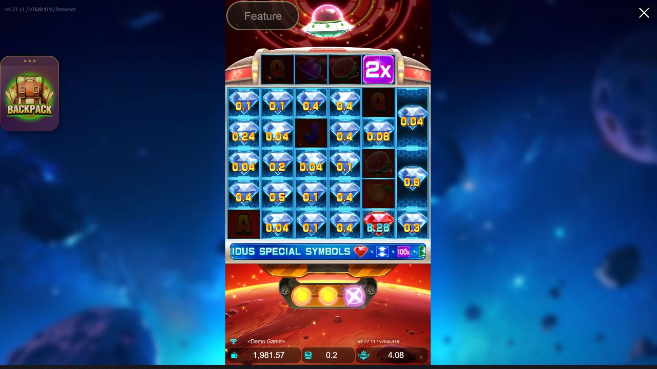 Actual reel-five 2x modifier result showing blue diamond 0.08 and red diamond 8.28