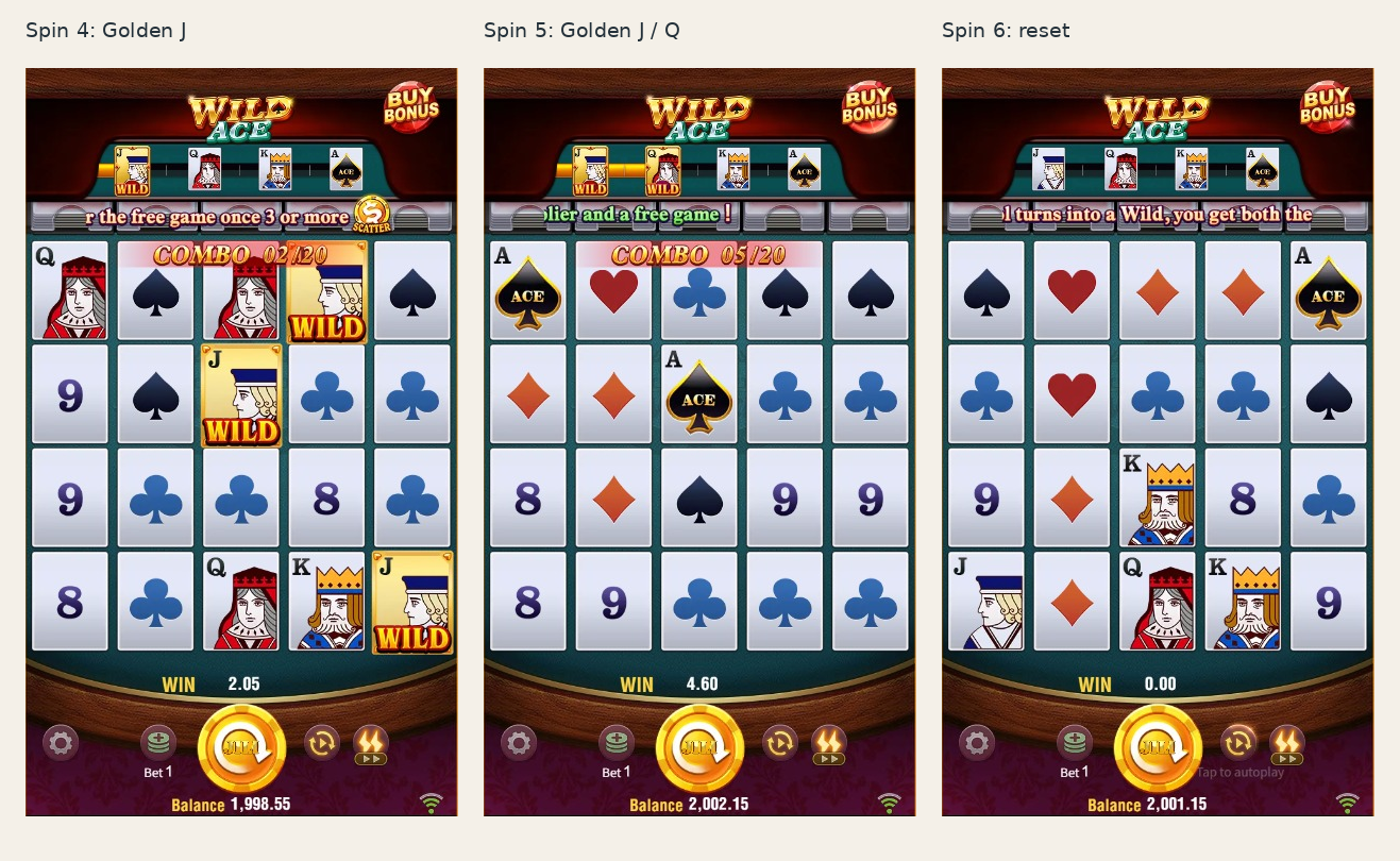 Separate ordinary spins show Golden J, then J and Q, followed by reset on the next spin