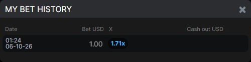 Round 1 personal history shows Bet 1.00, loss multiplier 1.71x and a blank cashout amount