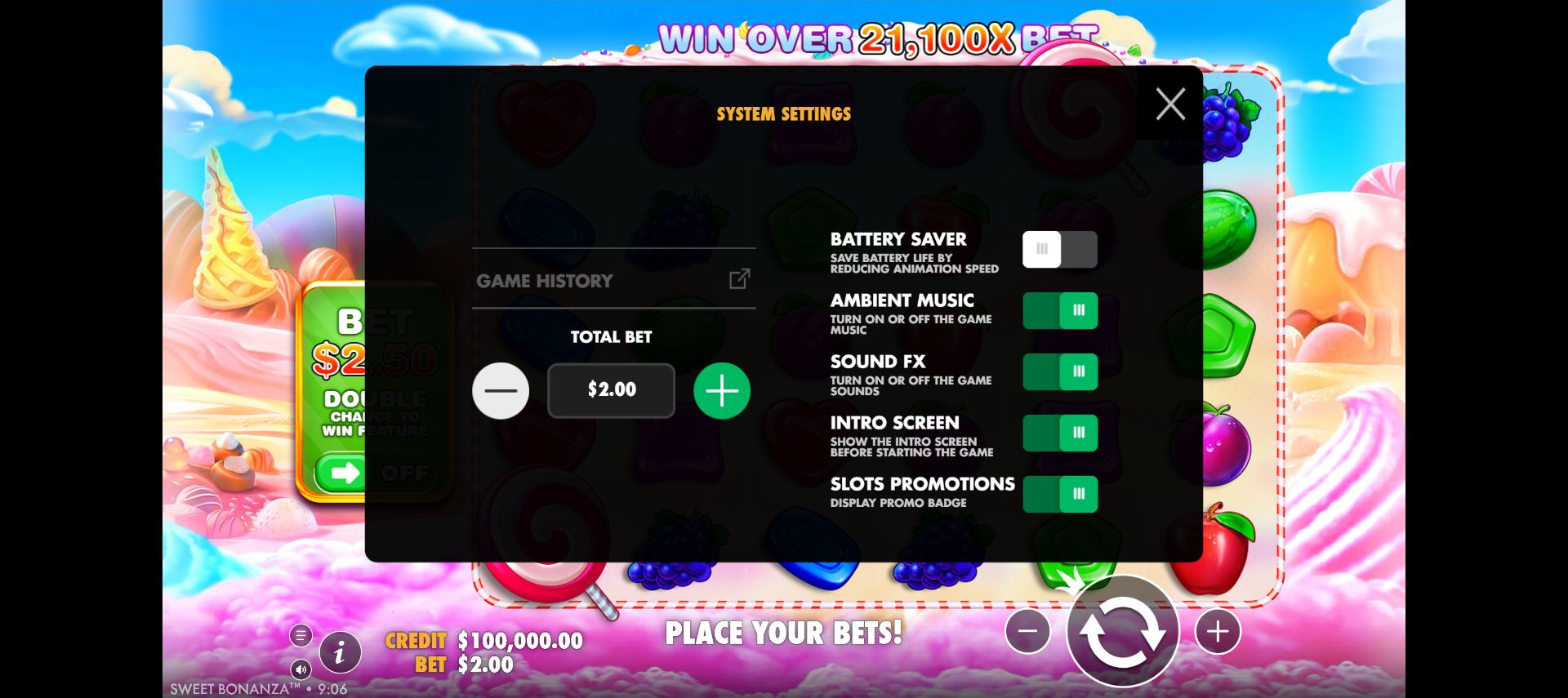 Sweet Bonanza opened settings menu before the recorded ordinary session