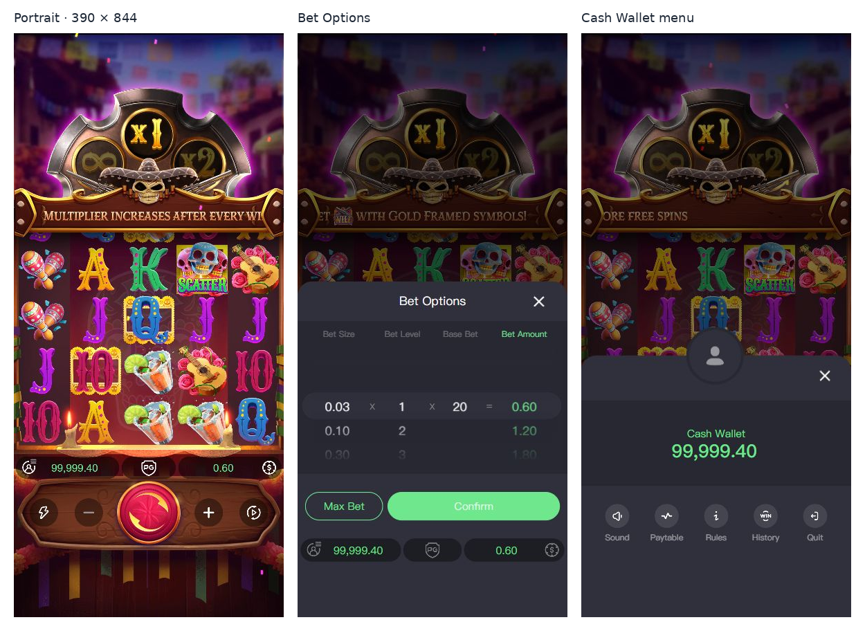 Wild Bandito at a 390 by 844 portrait viewport: main game, opened Bet Options and Cash Wallet menu