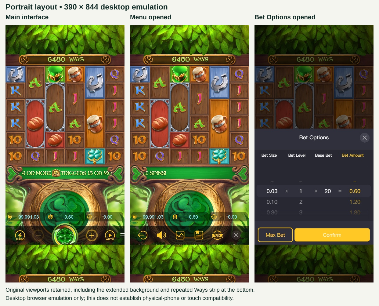 Three unaltered 390 by 844 portrait screenshots showing the main screen, open menu and open Bet Options.