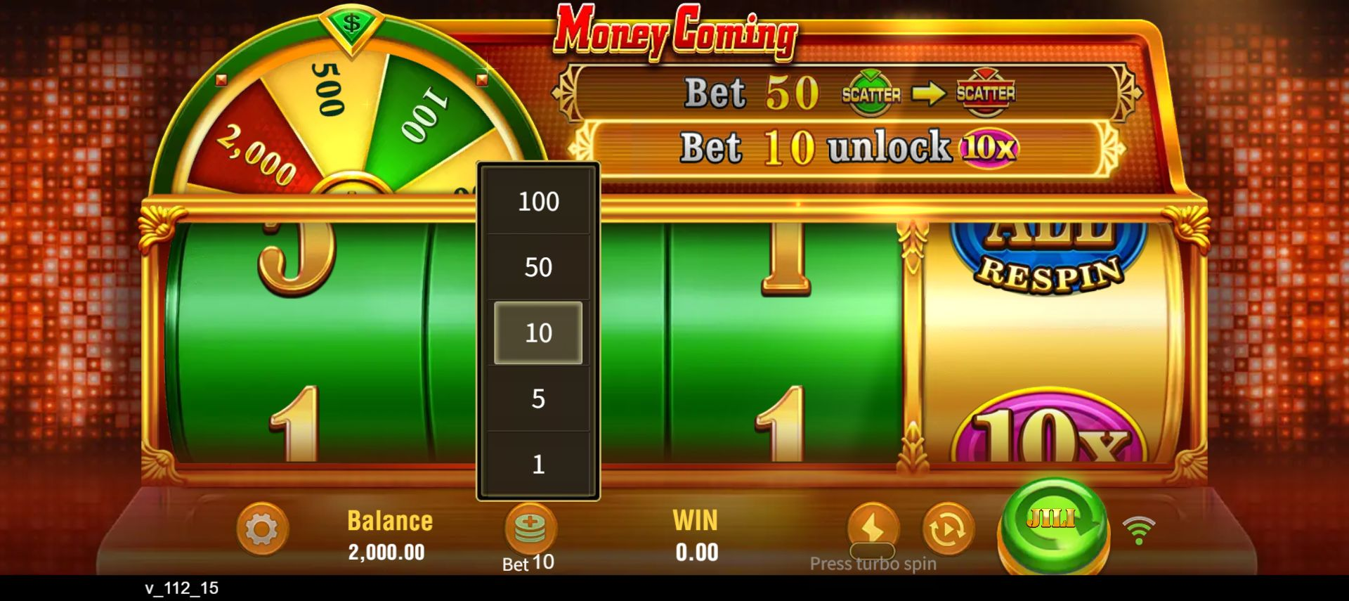 Money Coming's opened bet selector showing 100, 50, 10, 5 and 1