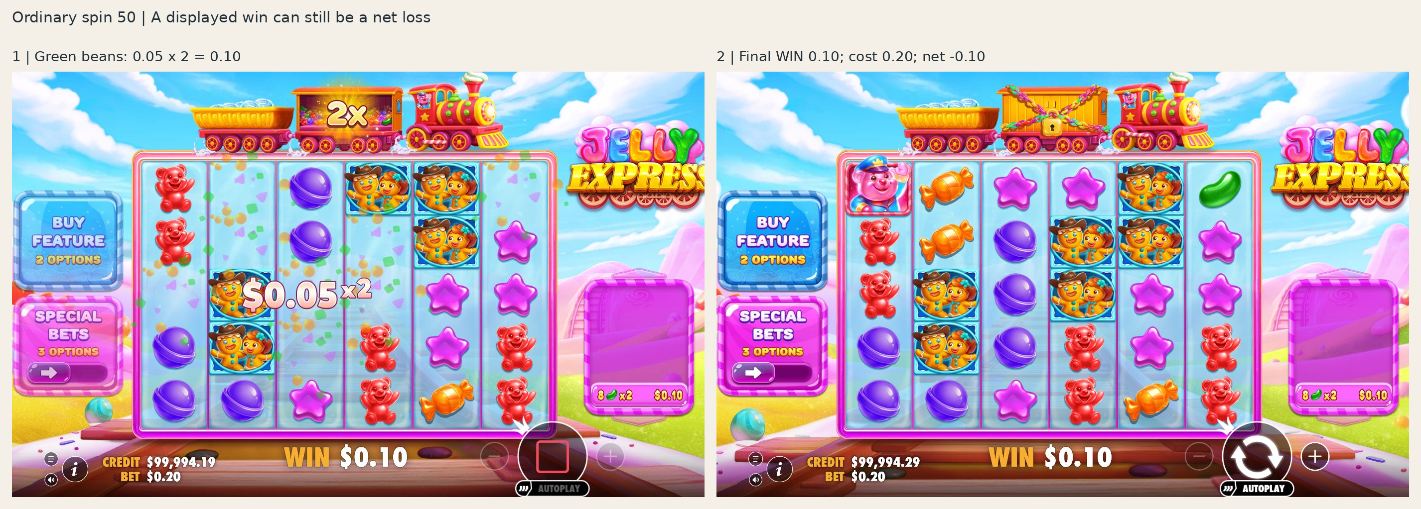 A real 2× Wild award on spin 50, ending at WIN USD 0.10 and CREDIT USD 99,994.29.