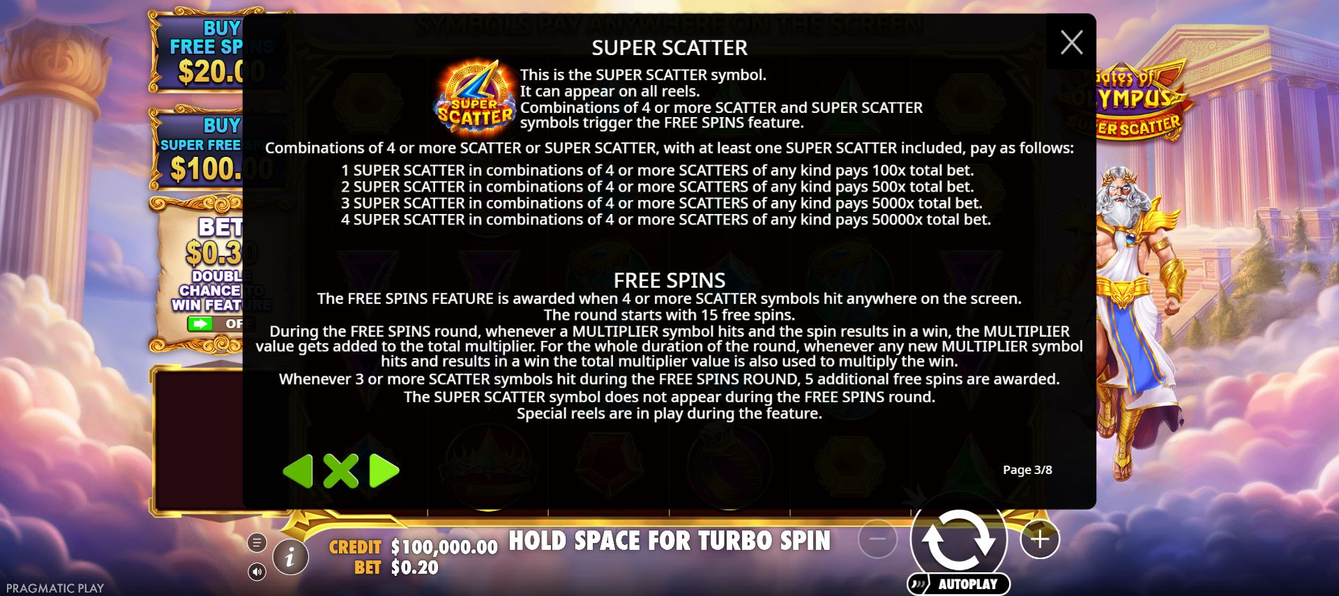 This edition’s Help page explaining the combined Super Scatter trigger and free spins