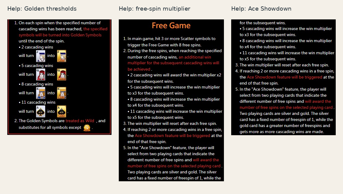 Original Help explains Golden Card thresholds, subsequent-win multipliers and Ace Showdown