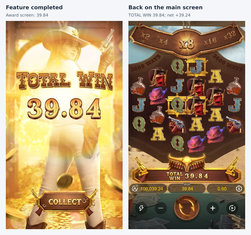 Wild Bounty Showdown feature end screen and returned main board both show final total win 39.84