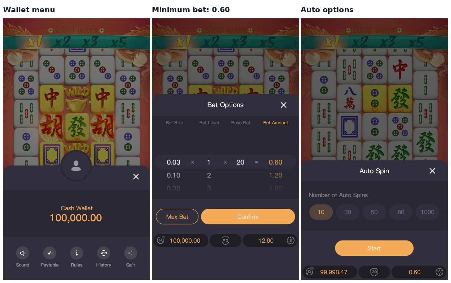 Captured wallet menu, minimum-bet selection and Auto options of 10, 30, 50, 80 and 1000 spins