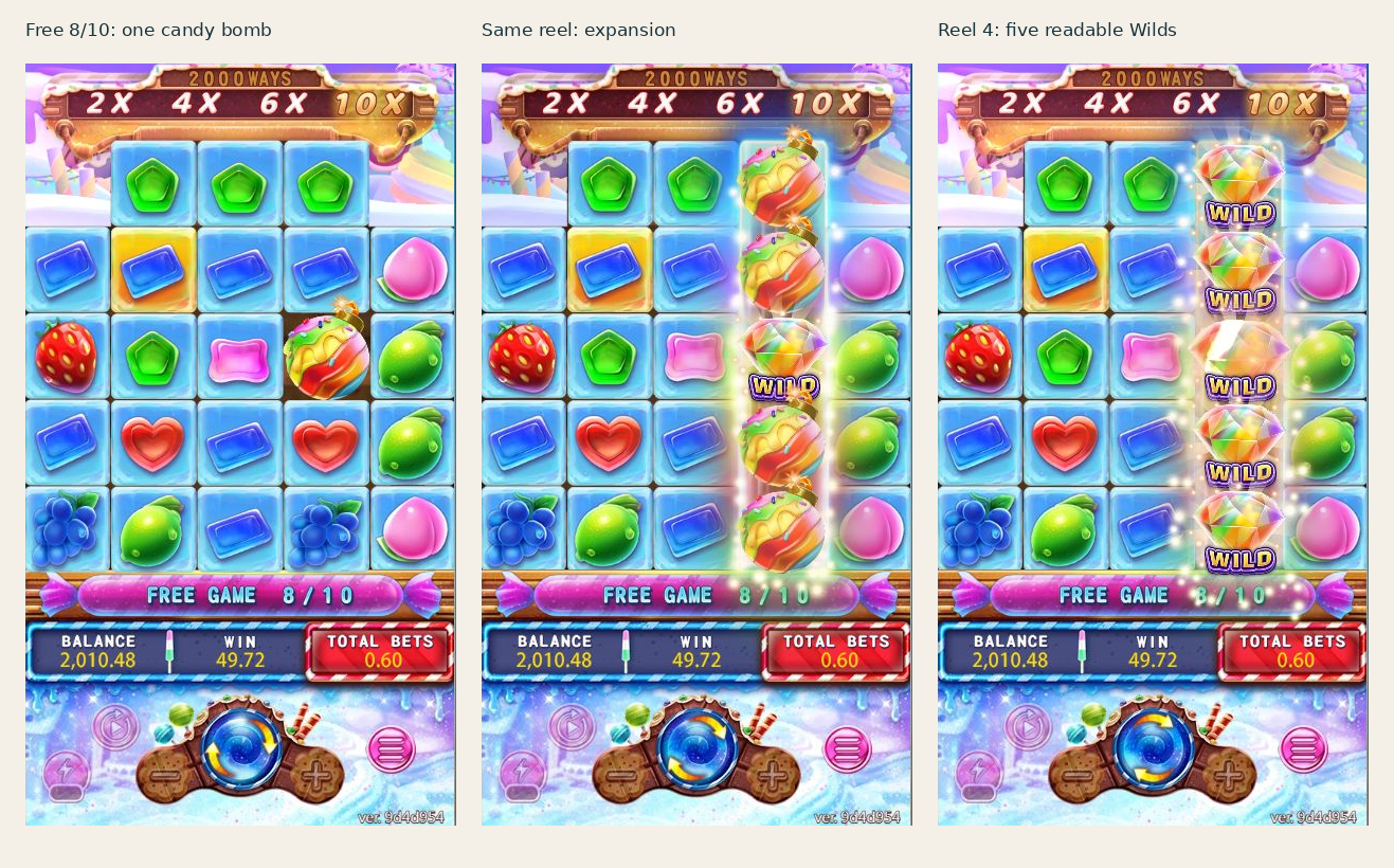 Featured Wild on reel four expands from a candy bomb into five Wild symbols in free game eight