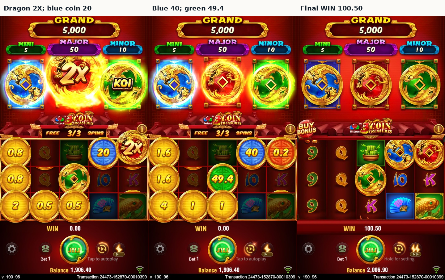 Three-colour BUY feature with Dragon 2X, a blue coin rising from 20 to 40, green 49.4 and final WIN 100.50